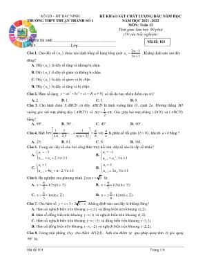 Đề khảo sát chất lượng đầu năm học môn Toán Lớp 12 - Năm học 2021-2022